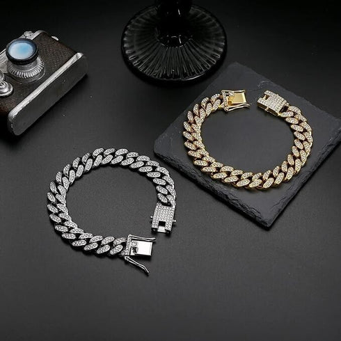 2 Pcs Iced Out Silver & Gold 18K Gold Plated Bling CZ Cuban Miami Link Bracelet